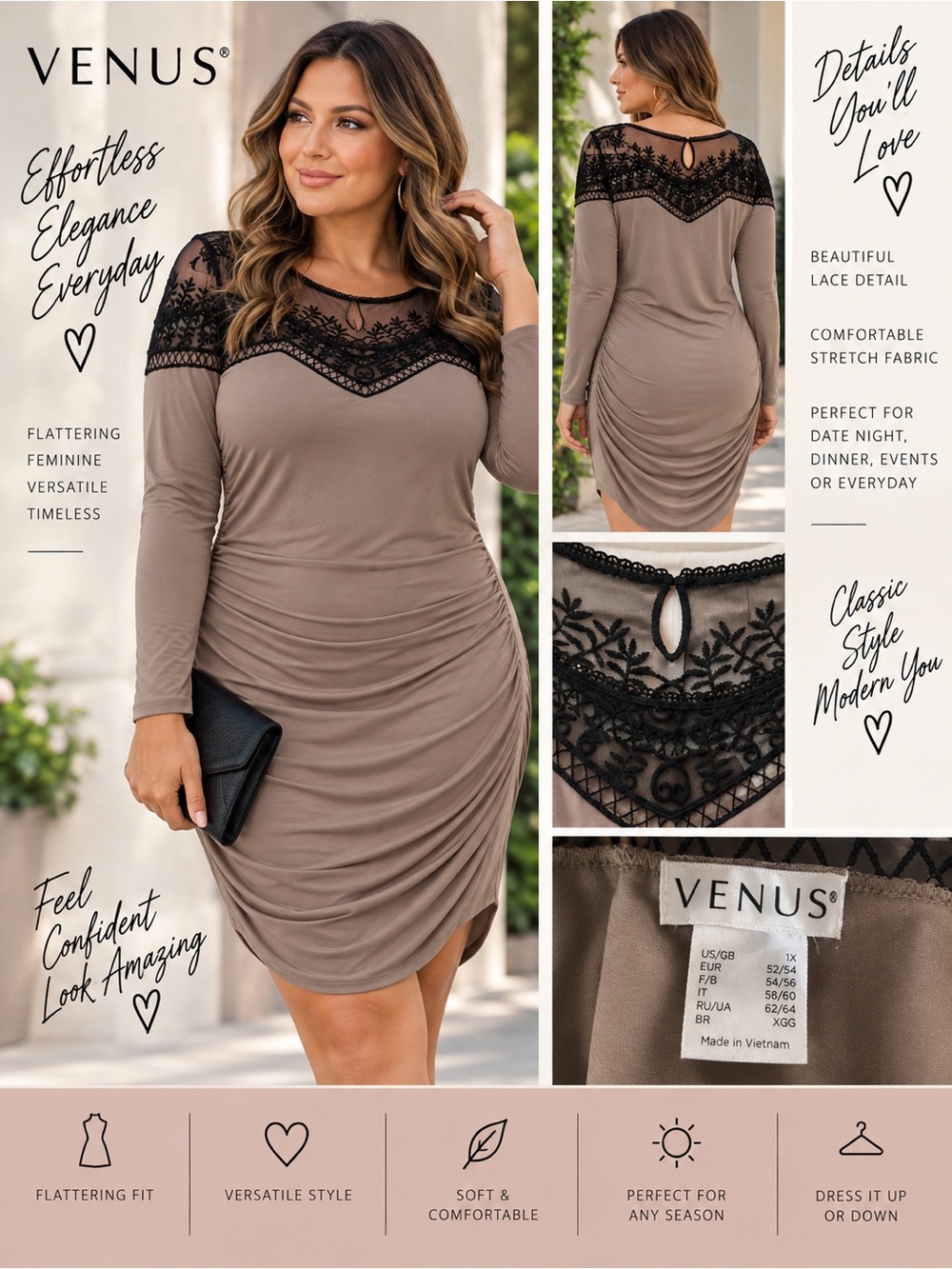 VENUS Women’s Plus Size 1X Lace Ruched Bodycon Dress Taupe Black Long Sleeve